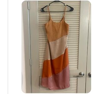 Colorblock Slip Midi Dress in Mustard, Cream, Orange & Dusty Rose